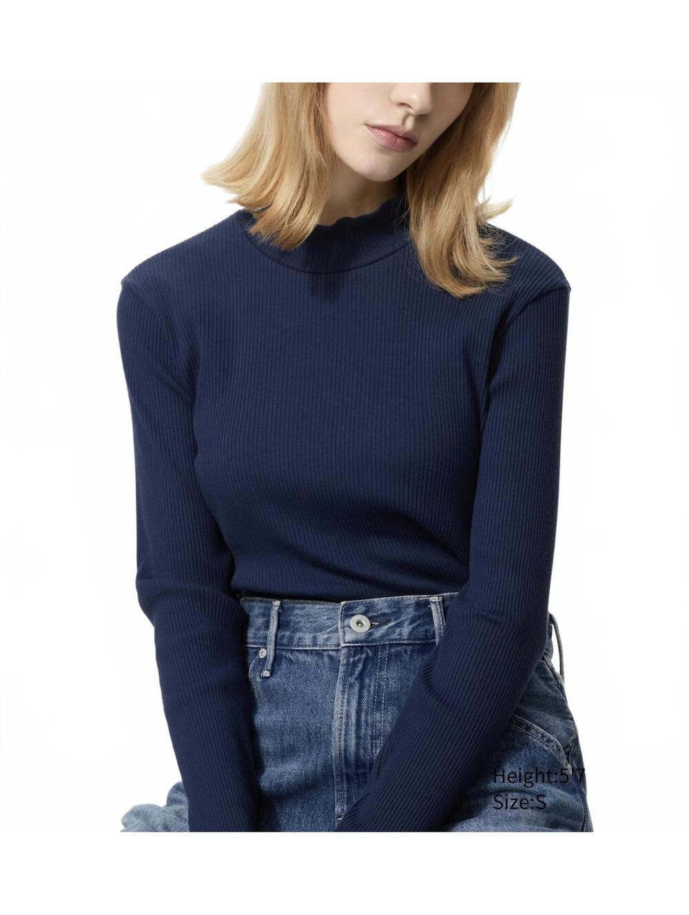 Uniqlo Ribbed High Neck T-Shirt NWT Blue Large